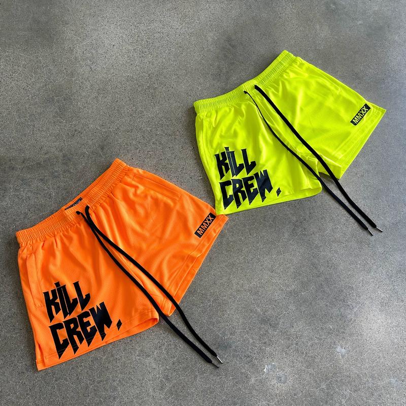 [Kill Crew] Muay Thai Shorts Logo - Yellow, Unisex, Mid Thigh Cut, Pockets, Gym Shorts, Elastic Waistband, Long drawcord with wax tips