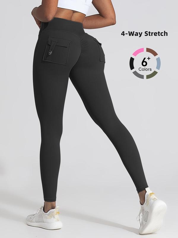 Women's Plain Ruched Pocket High Waist Sports Leggings, Sporty Comfy Breathable Skinny Pants for Yoga Gym Workout, Ladies Sportswear for All Seasons