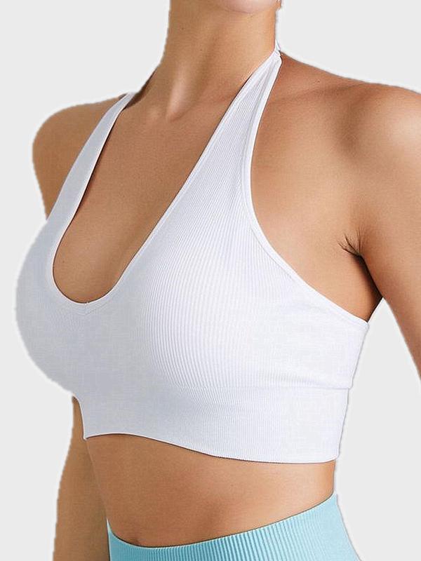 Women's Solid Halter Neck Sports Bra, Breathable Comfortable Adjustable Strap Sports Vest, Ladies Sportswear for Indoor Outdoor Wear