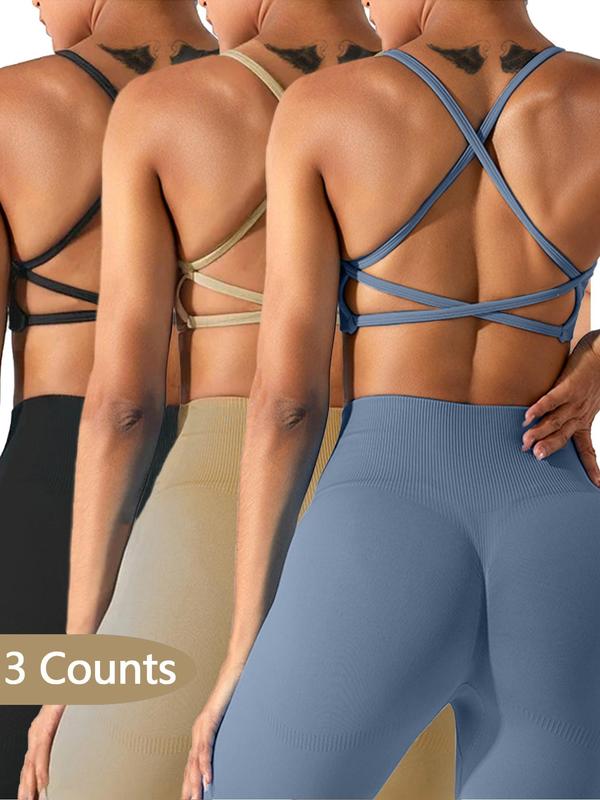 Women's Solid Criss Cross Backless Sports Bra, Breathable Comfortable Wireless Sports Bra, Ladies Sportswear for Yoga Gym Workout Running Cycling