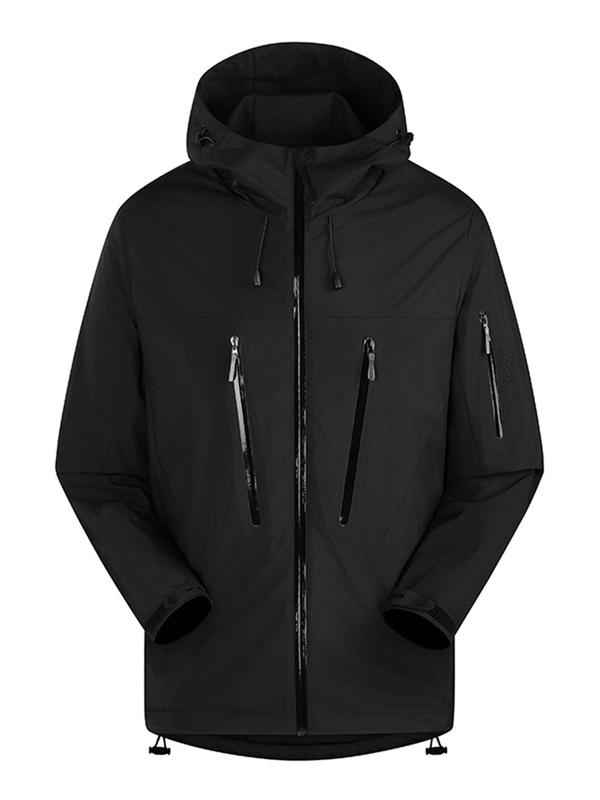 Men's Plain Patchwork Print Zip Up Hooded Jacket, Regular Fit Sporty Waterproof Windproof Long Sleeve Outerwear, Men's Sportswear for Outdoor Activities