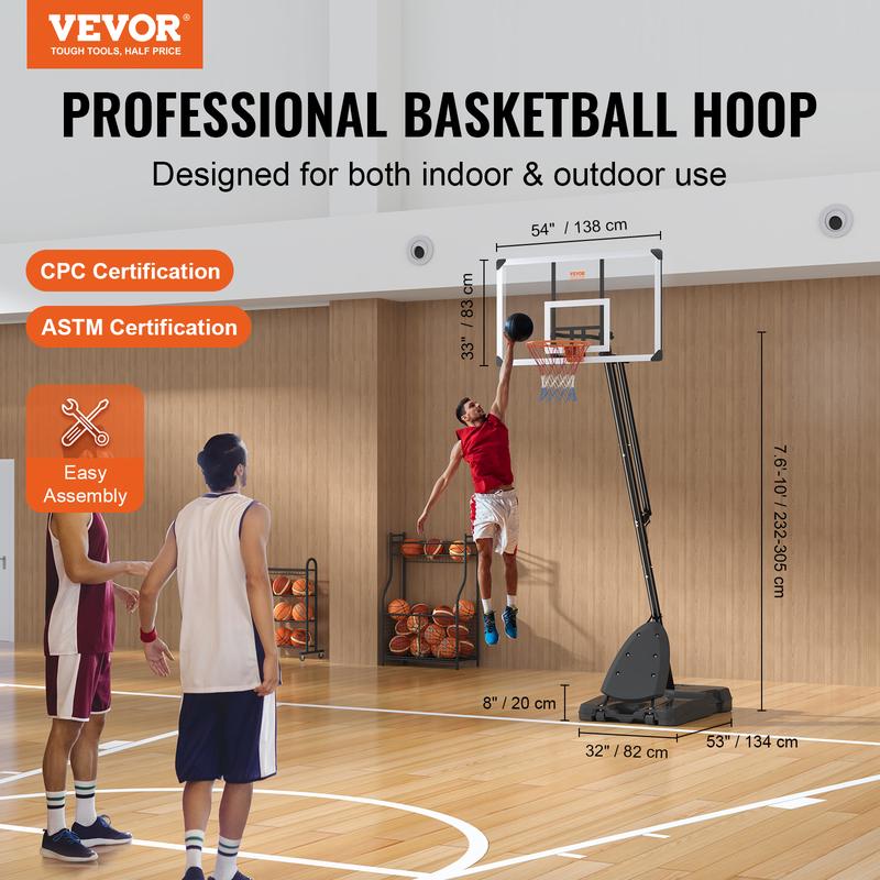 VEVOR Basketball Hoop, 7.6-10 ft Adjustable Height Portable Backboard System, 54 inch Basketball Hoop & Goal, Basketball Set with Wheels, Stand, and Fillable Base, for Outdoor Indoor