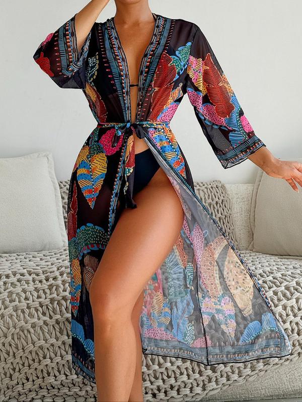 Women's Plants Print Belted Swim Cover Up, Casual Long Sleeve V Neck Cover Up for Beach Holiday Vacation, Ladies Sports Swimwear for All Seasons