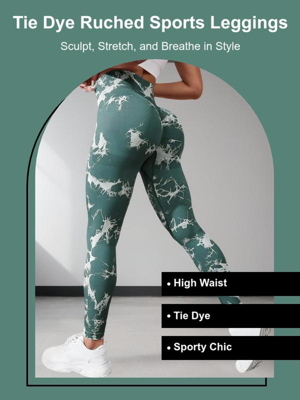 Women's Tie Dye Print Ruched High Waist Sports Leggings, Casual Sporty Comfy Breathable Skinny Pants for Yoga Gym Workout Running, Ladies Sportswear for All Seasons, Tummy Control