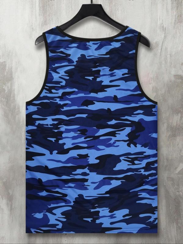 Men's Camo Print Scoop Neck Tank Top, Regular Fit Casual Sleeveless Top for Summer, Fashion Men's Clothes for Gym Workout Running