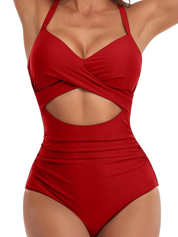 Women's Criss Cross Cut Out Ruched Tie Back Swimsuit, Bathing Suits 2024 for Women, Summer Tummy Control Swimwear, Adjustable Strap Backless One-piece Swimwear