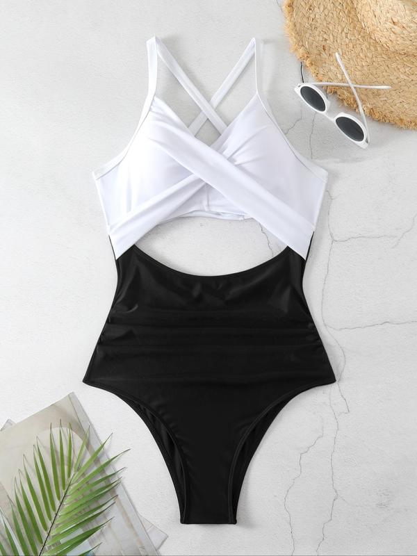 Women's Criss Cross Cut Out Ruched Tie Back Swimsuit, Bathing Suits 2024 for Women, Summer Tummy Control Swimwear, Adjustable Strap Backless One-piece Swimwear