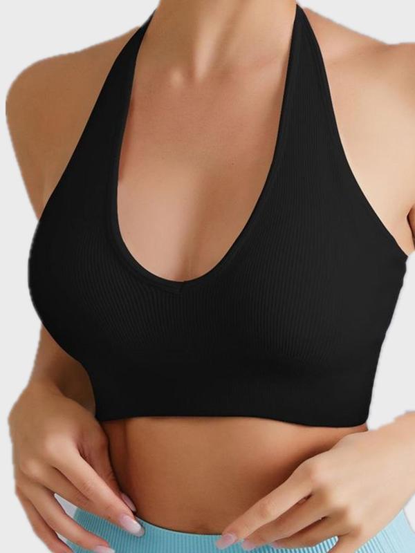 Women's Solid Halter Neck Sports Bra, Breathable Comfortable Adjustable Strap Sports Vest, Ladies Sportswear for Indoor Outdoor Wear