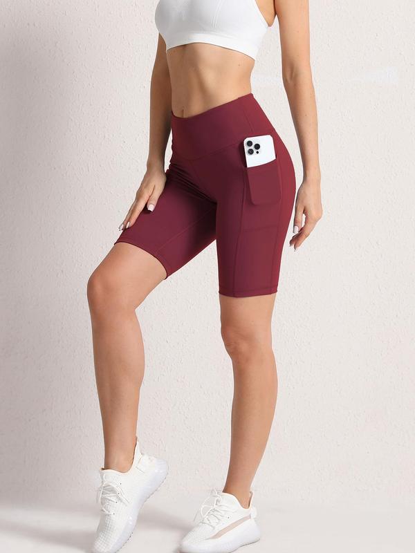 Women's Back To School High Waist Pocket Sports Shorts, Solid Cycling Shorts with Phone Pockets, Gym Shorts, High Stretch Skinny Biker Shorts, Gym Clothes, Quick Drying Yoga Workout Leggings, Fitness Sportswear Bottoms, Gym Clothing