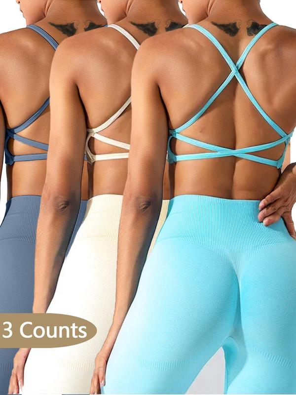 Women's Solid Criss Cross Backless Sports Bra, Breathable Comfortable Wireless Sports Bra, Ladies Sportswear for Yoga Gym Workout Running Cycling