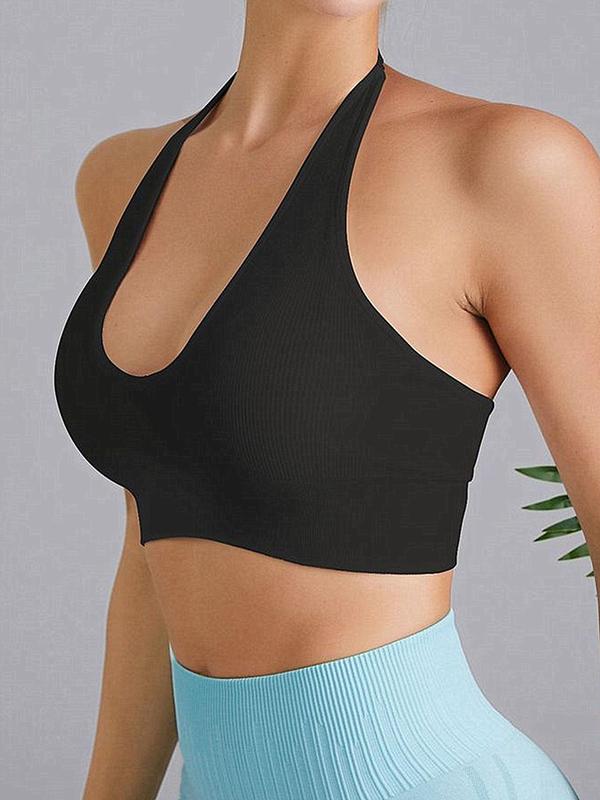 Women's Solid Halter Neck Sports Bra, Breathable Comfortable Adjustable Strap Sports Vest, Ladies Sportswear for Indoor Outdoor Wear