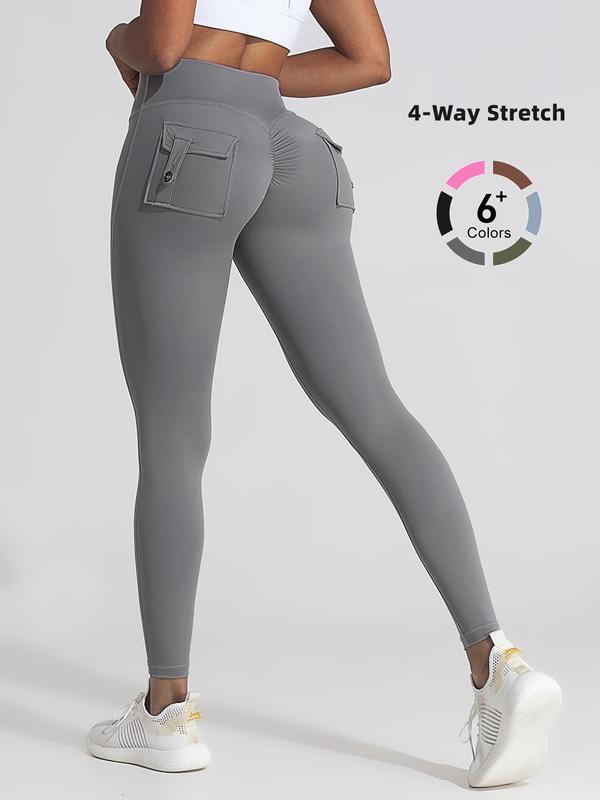 Women's Plain Ruched Pocket High Waist Sports Leggings, Sporty Comfy Breathable Skinny Pants for Yoga Gym Workout, Ladies Sportswear for All Seasons