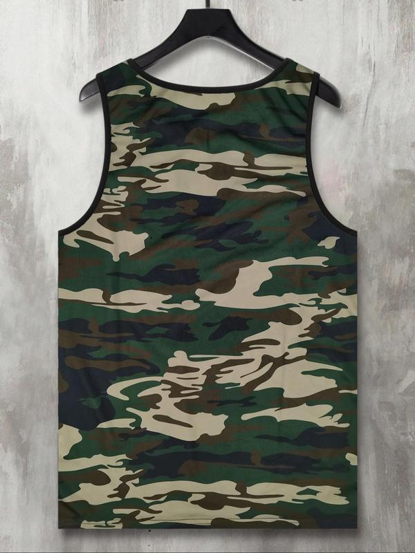 Men's Camo Print Scoop Neck Tank Top, Regular Fit Casual Sleeveless Top for Summer, Fashion Men's Clothes for Gym Workout Running