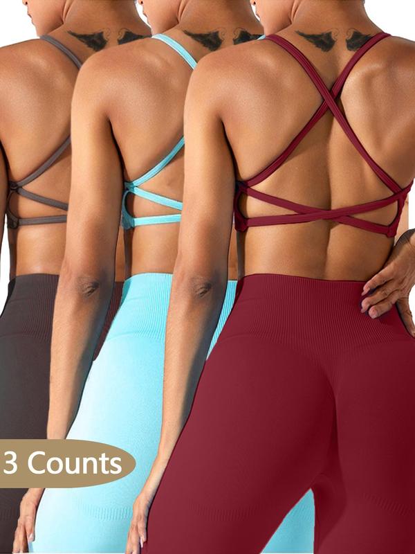 Women's Solid Criss Cross Backless Sports Bra, Breathable Comfortable Wireless Sports Bra, Ladies Sportswear for Yoga Gym Workout Running Cycling