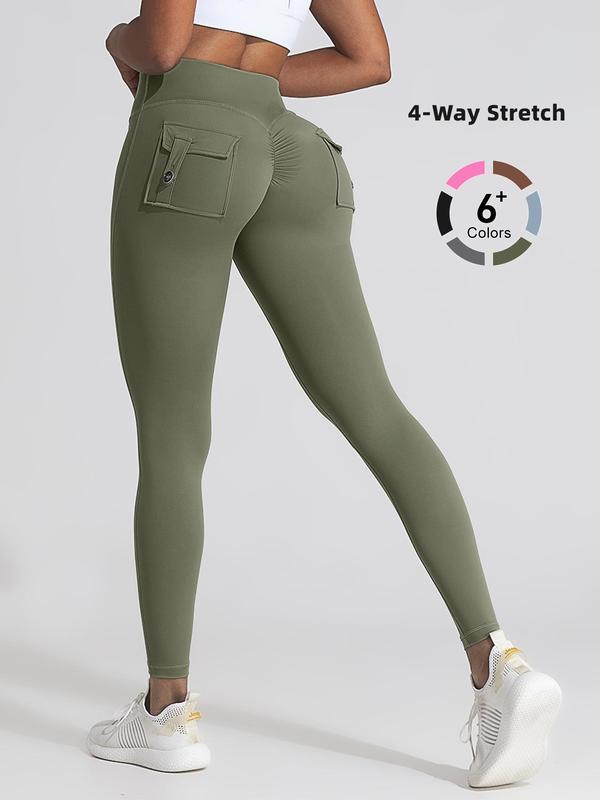 Women's Plain Ruched Pocket High Waist Sports Leggings, Sporty Comfy Breathable Skinny Pants for Yoga Gym Workout, Ladies Sportswear for All Seasons