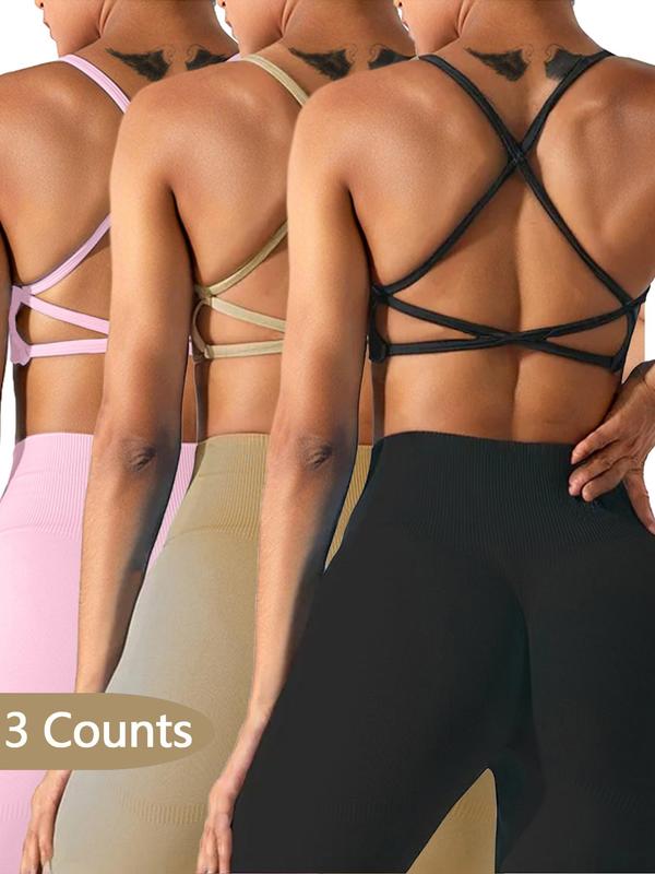 Women's Solid Criss Cross Backless Sports Bra, Breathable Comfortable Wireless Sports Bra, Ladies Sportswear for Yoga Gym Workout Running Cycling