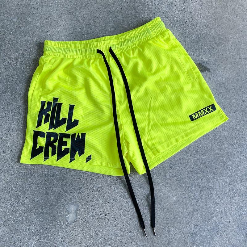 [Kill Crew] Muay Thai Shorts Logo - Yellow, Unisex, Mid Thigh Cut, Pockets, Gym Shorts, Elastic Waistband, Long drawcord with wax tips