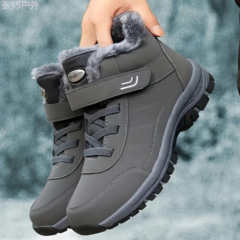 Men's Snow Boots With Hook And Loop Fastener, Winter Thermal Shoes, Windproof Hiking Boots With Fuzzy Lining