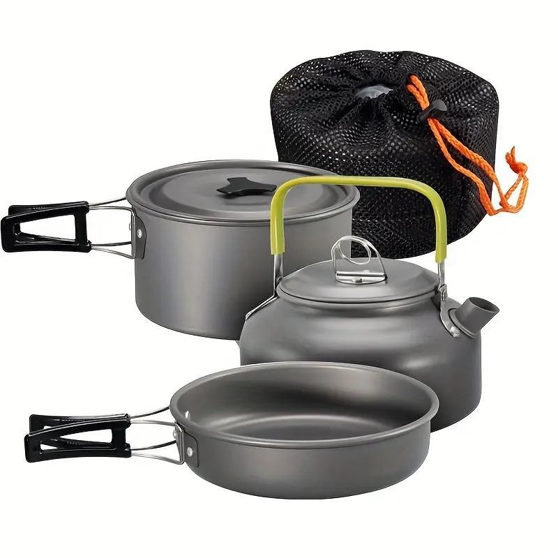 Random Color Lightweight Camping Cookware Set, 3 Counts set Pot, Pan & Kettle, Portable Aluminum Cooking Kit with Storage Bag, Outdoor Camping Kitchenware, Camping Cooking Set, Camping Set, Camping Utensils, Camp Cookware