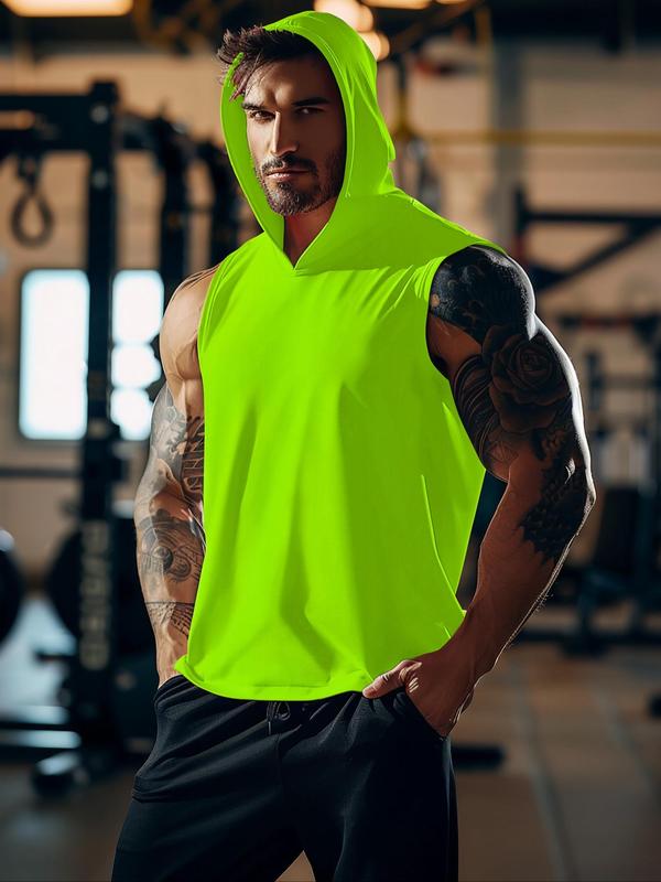 Men's Solid Hooded Sports Vest, Regular Fit Casual Sporty Sleeveless Tank Top for Gym Workout Running, Running Vest, Mens Sport & Outdoor Clothing for Fall