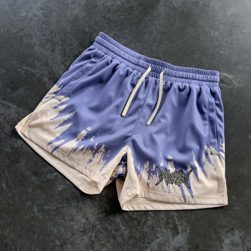 [Kill Crew] Muay Thai Shorts Shatter - Lilac   Cream, Unisex, Mid Thigh Cut, Pockets, Gym Shorts, Elastic Waistband, Long drawcord with wax tips