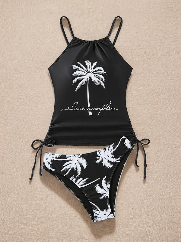 Two-Piece Set Summer Women's Coconut Tree & Letter Print Tankini Swimsuits, Summer Tummy Control Swimwear 2024, Casual Drawstring Ruched Tie Side Swim Top & Drop Waist Swim Panty, Swimsuit for Women, Bathing Suits Women