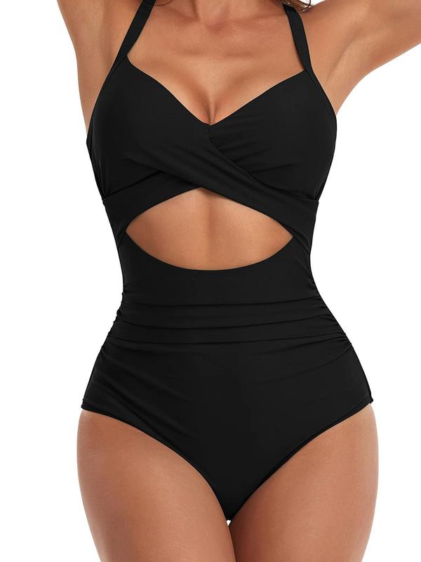 Women's Criss Cross Cut Out Ruched Tie Back Swimsuit, Bathing Suits 2024 for Women, Summer Tummy Control Swimwear, Adjustable Strap Backless One-piece Swimwear