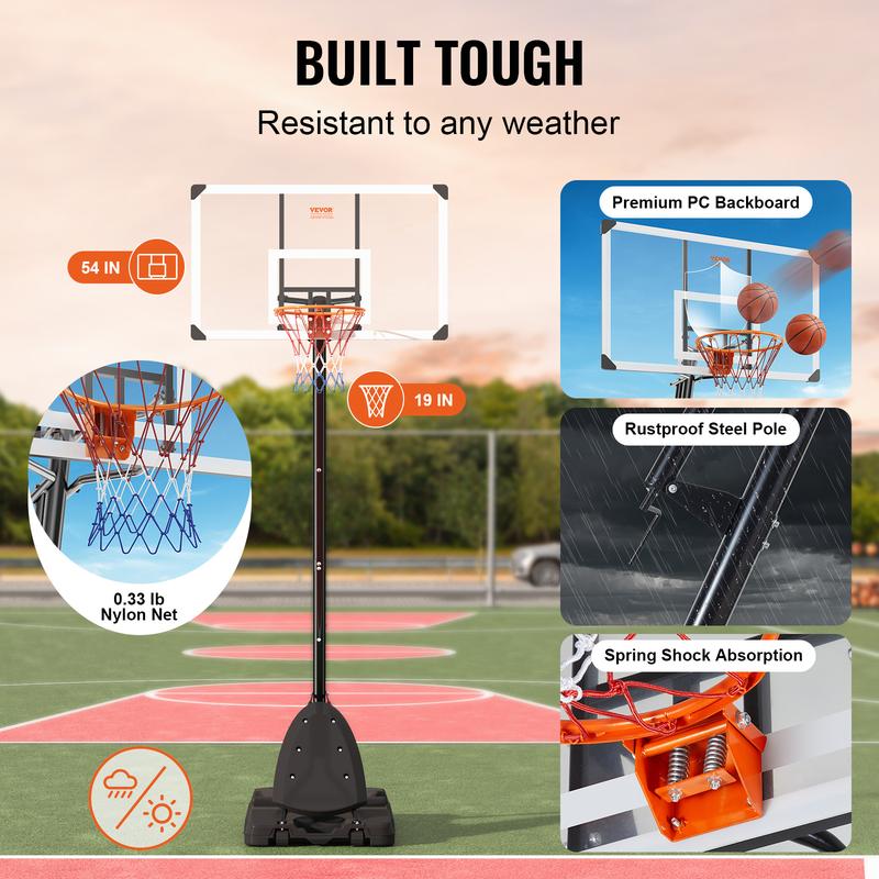 VEVOR Basketball Hoop, 7.6-10 ft Adjustable Height Portable Backboard System, 54 inch Basketball Hoop & Goal, Basketball Set with Wheels, Stand, and Fillable Base, for Outdoor Indoor