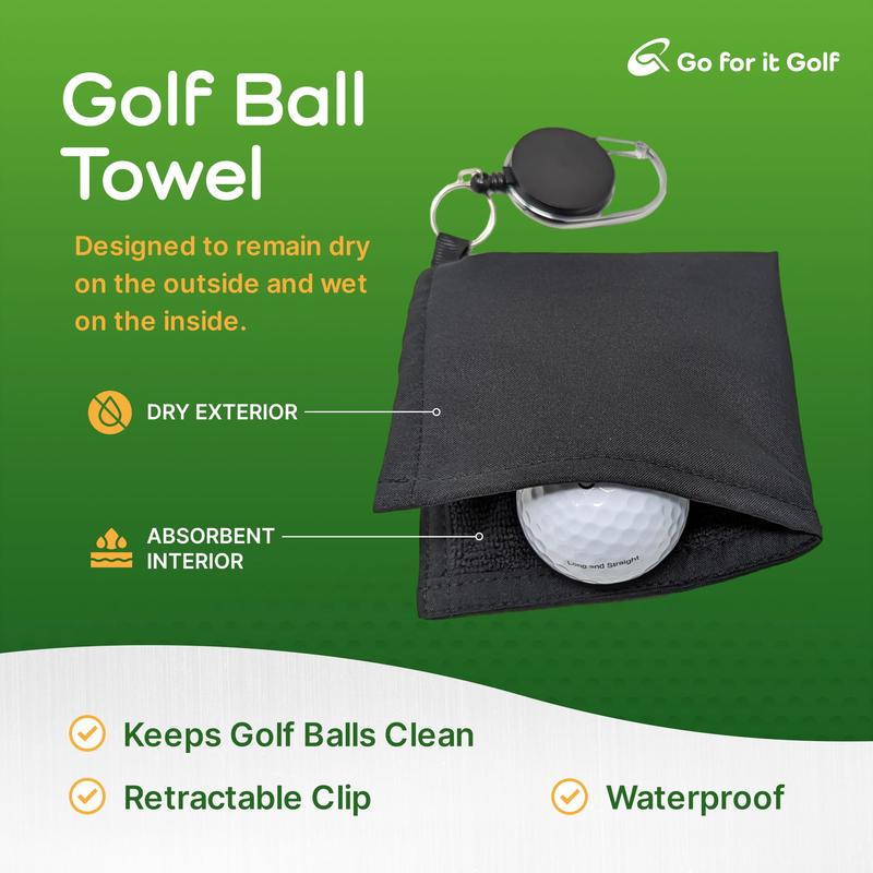 Go For It Golf Golf Ball Towel - Dry-Outside Moist-Inside Dual Layer Function with Retractable Clip 30 Inch long - Absorbent Cleaner for Golf Balls and Clubs golf  equipment