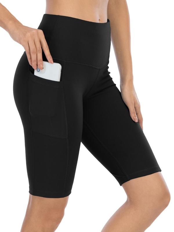 Women's Back To School High Waist Pocket Sports Shorts, Solid Cycling Shorts with Phone Pockets, Gym Shorts, High Stretch Skinny Biker Shorts, Gym Clothes, Quick Drying Yoga Workout Leggings, Fitness Sportswear Bottoms, Gym Clothing