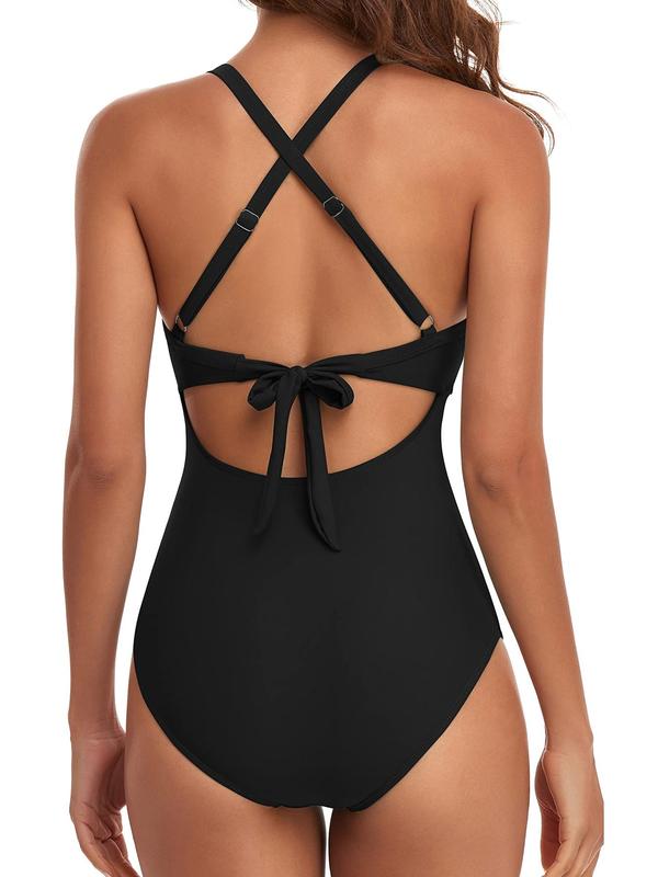 Women's Criss Cross Cut Out Ruched Tie Back Swimsuit, Bathing Suits 2024 for Women, Summer Tummy Control Swimwear, Adjustable Strap Backless One-piece Swimwear