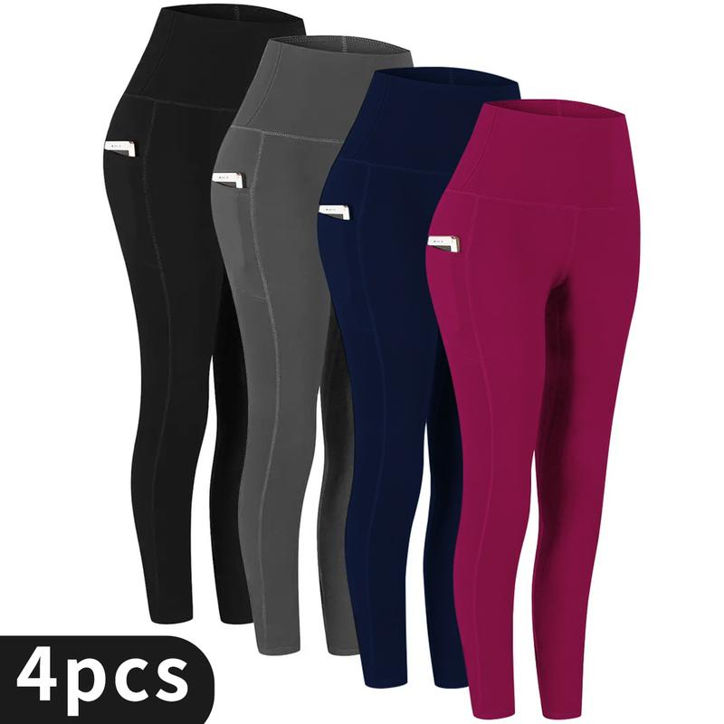 4pcs High-Waisted Seamless Yoga Leggings with Pocket - Butt Lifting, Elastic, and Squat-Proof - Comfortable Women's Activewear for Fall & Winter, Wide Waistband, and Flattering Silhouette