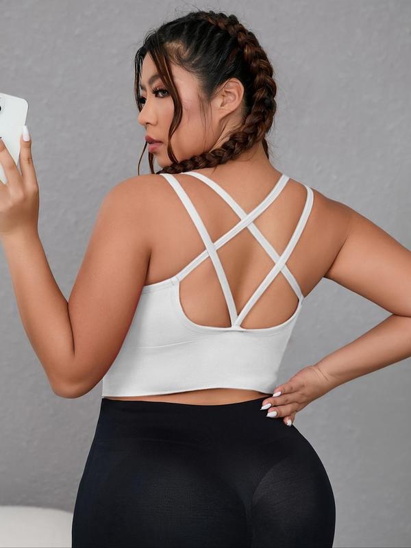 Women's Plus Size Criss Cross Backless Sports Bra, Gym Clothes Sets, Breathable Seamless Solid Sports Lingerie Top, Workout Clothes, Summer Sports Bra, Cute Gym Clothes