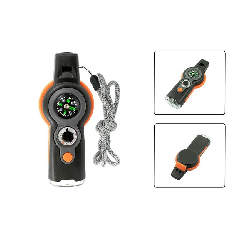 7 in 1 Emergency Safety Whistle with Lanyard, 1 Count Multifunctional Tool, Multi-functional LED Outdoor Compass Hiking Electronic Whistle, Christmas Gift