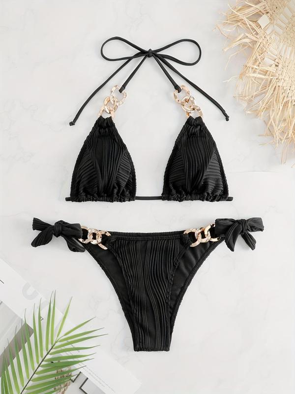 Two-Piece Set Women's Textured Chain Decor Bikini Set, Casual Halter Neck Triangle Bikini Top & Tie Side Swim Thong Set, Bathing Suits Women, Summer Beach Holiday Vacation Swimwear