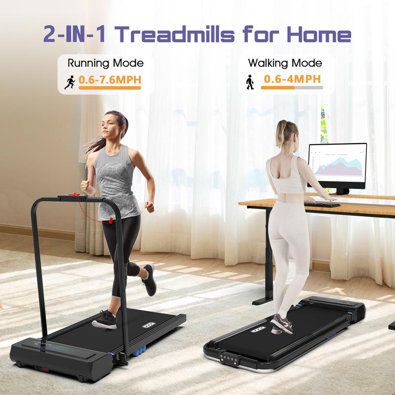 2 in 1 Folding Treadmill, Walking Pad Under Desk for Home Office with 0.6-7.6 Mph, Portable Foldable Treadmill Installation free with Remote Control, LED Display 265 lbs Weight Capacity