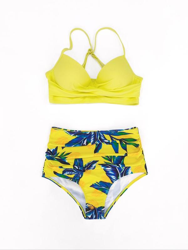 Two-Piece Set Women's Plain Top & Tropical Print Bottom Bikinis Set, Comfort Adjustable Spaghetti Strap Twist Push Up Swim Top & High Waist Ruched Swim Bottom, Summer Outfits 2024, Swimwear for Summer Beach Holiday Vacation