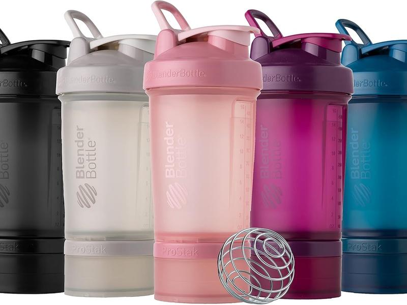 BlenderBottle Shaker Bottle with Pill Organizer and Storage for Protein Powder, ProStak System, 22-Ounce, Rose Pink