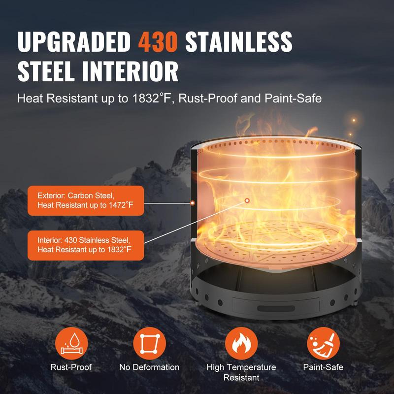 VEVOR Smokeless Fire Pit Stove Bonfire, H: 15.4 in x Dia: 19.3 in ,Wood Burning Fireplaces with Removable Ash Pan, SUS430 Stainless Steel inner Portable Outdoor Firepit, for Outdoor Patio Camping