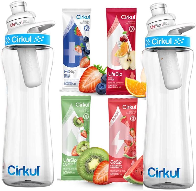 Cirkul Two 22oz Plastic Water Bottle with Blue Lid and 4 Random Flavor Cartridges for Sport (2 Bottles with 2 Lid & 4 Random Flavors)