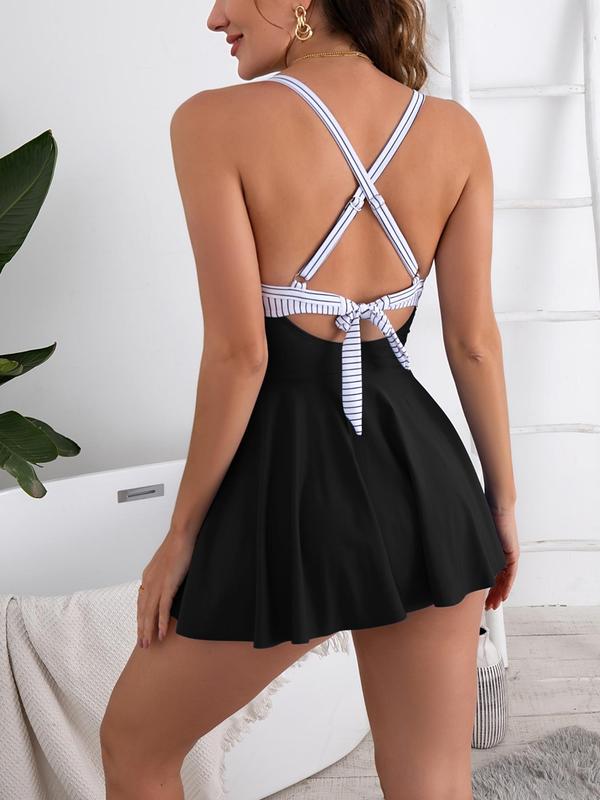 Women's Wrap Cut Out Criss Cross Backless One-piece Swimsuit, Casual Sweetheart Neck Cami Swim Dress for Beach Holiday Vacation, Back To School Outfits, Ladies Spring Swimwear