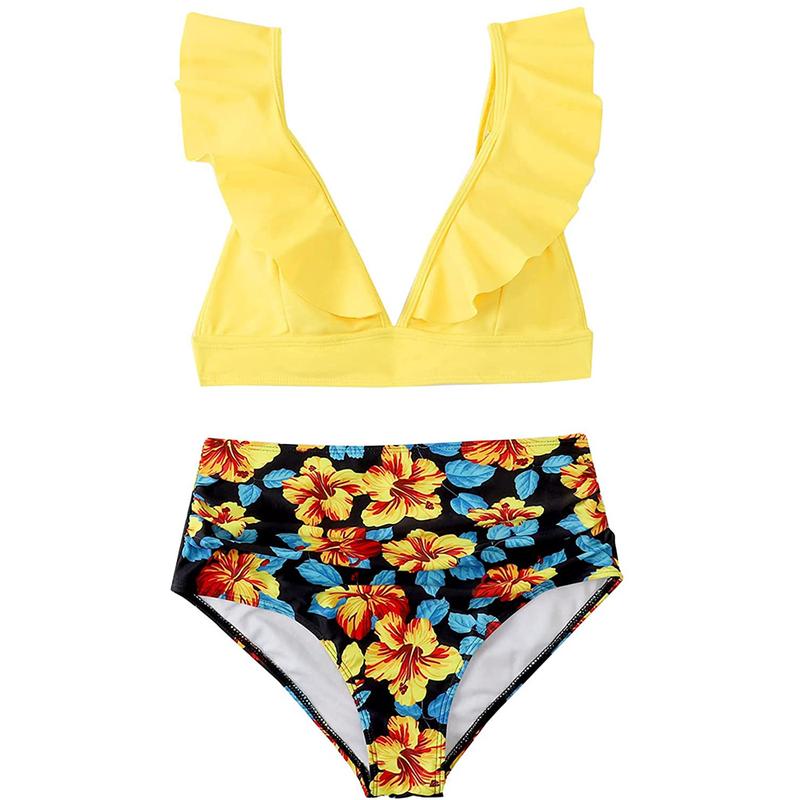 Women Ruffle High Waist Swimsuit Two Pieces Push Up Tropical Print Bikini