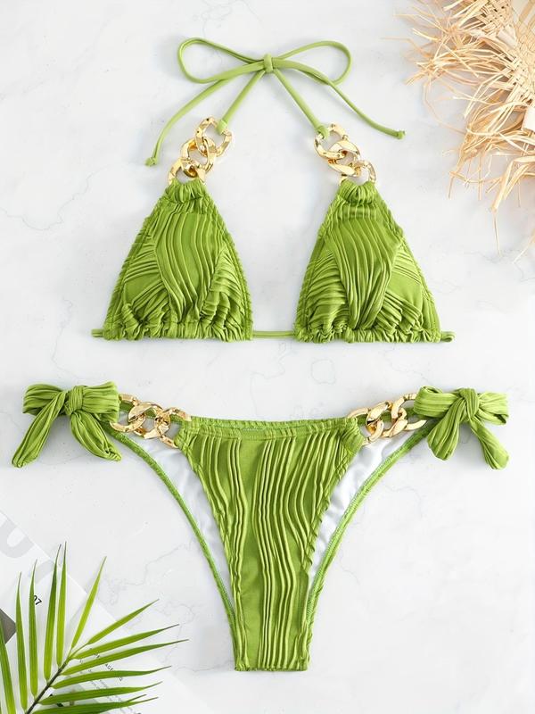 Two-Piece Set Women's Textured Chain Decor Bikini Set, Casual Halter Neck Triangle Bikini Top & Tie Side Swim Thong Set, Bathing Suits Women, Summer Beach Holiday Vacation Swimwear