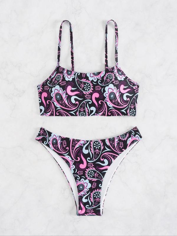 Two-Piece Set Women's Paisley Print Bikinis Set, Adjustable Strap Swim Top & High Cut Swim Bottom, Ladies Summer Swimwear for Beach Holiday Vacation