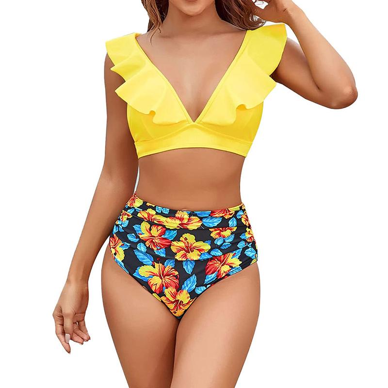 Women Ruffle High Waist Swimsuit Two Pieces Push Up Tropical Print Bikini