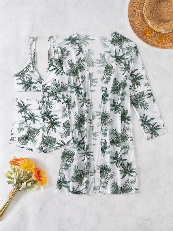 Women's Plants Print Bikini Set, Long Sleeve Open Front Cover Up & Swim Shorts & Drawstring Swim Top, Casual Summer Swimwear Set for Beach Holiday Vacation