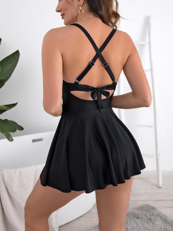 Women's Wrap Cut Out Criss Cross Backless One-piece Swimsuit, Casual Sweetheart Neck Cami Swim Dress for Beach Holiday Vacation, Back To School Outfits, Ladies Spring Swimwear