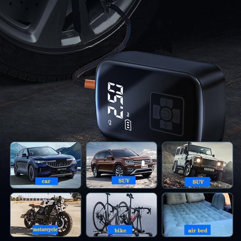 Portable Wireless Car Tire Inflator, Multifunctional Digital Display Car Air Pump with LED Light, Compact Car Inflator for Car, Bicycle, Motorcycle