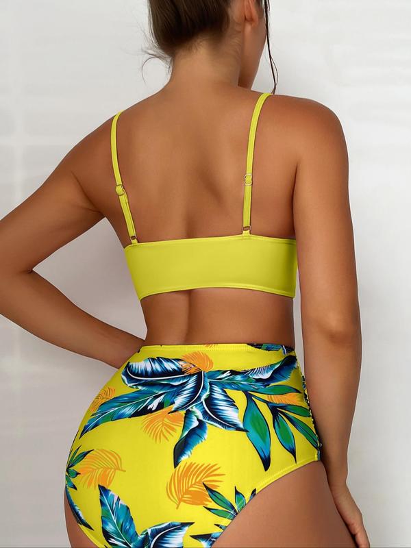 Two-Piece Set Women's Plain Top & Tropical Print Bottom Bikinis Set, Comfort Adjustable Spaghetti Strap Twist Push Up Swim Top & High Waist Ruched Swim Bottom, Summer Outfits 2024, Swimwear for Summer Beach Holiday Vacation