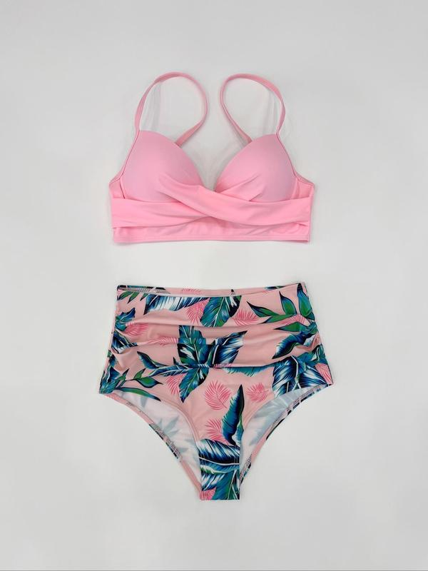 Two-Piece Set Women's Plain Top & Tropical Print Bottom Bikinis Set, Comfort Adjustable Spaghetti Strap Twist Push Up Swim Top & High Waist Ruched Swim Bottom, Summer Outfits 2024, Swimwear for Summer Beach Holiday Vacation